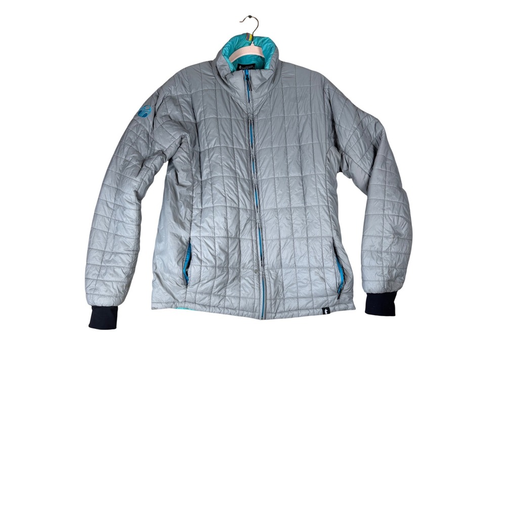 Cotopaxi Mens Gray Quilted Insulated Puffer Jacket Full Zip Teal Trim Size M